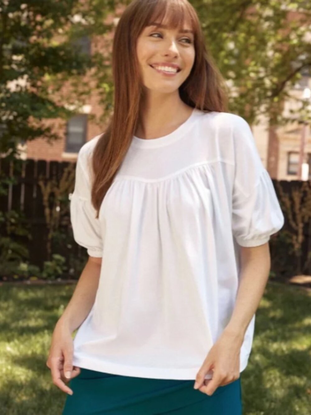 Summersalt The Luxe Pima Brezzy White Tee with Shirring and Puff Sleeves Size M